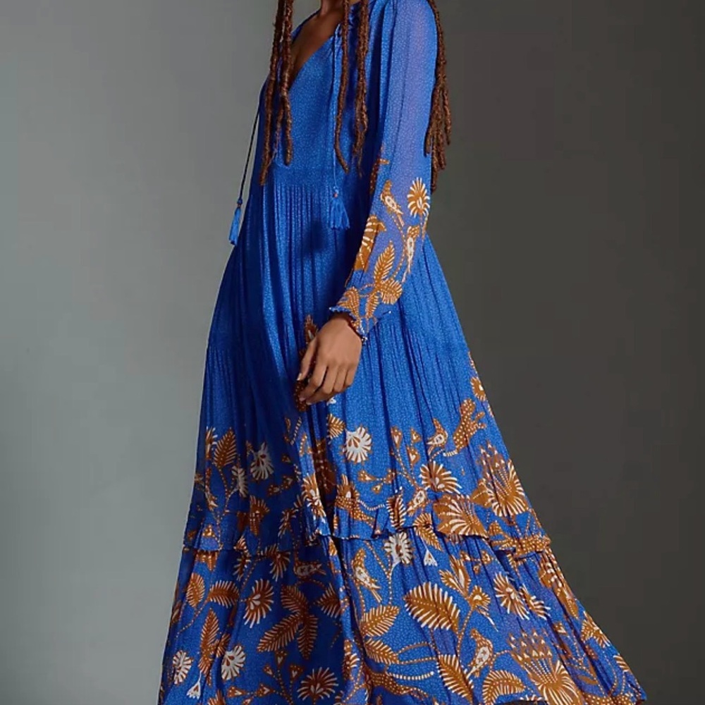 Anthropologie Blue and Orange Floral Long Sleeve Dress